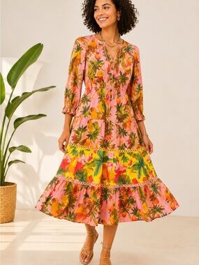 Tropical Floral Midi Dress in Pink & Yellow